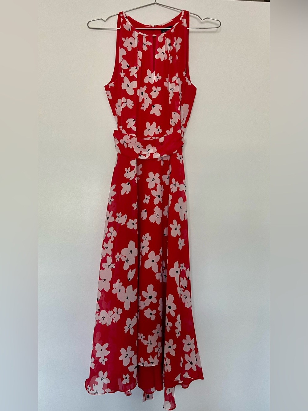 Tahari Arthur S Levine Floral Bright Poppy Sleeveless Belted Lined Maxi Dress